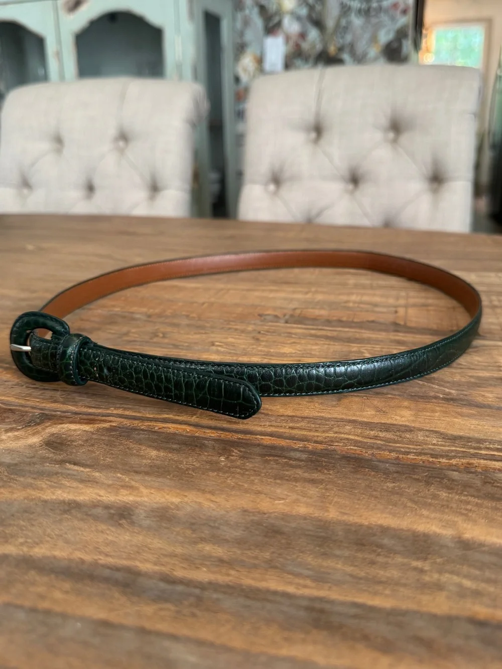 Vintage Lauren Ralph Lauren Dark Forest Green Croc Embossed Thin Belt Sz L 36